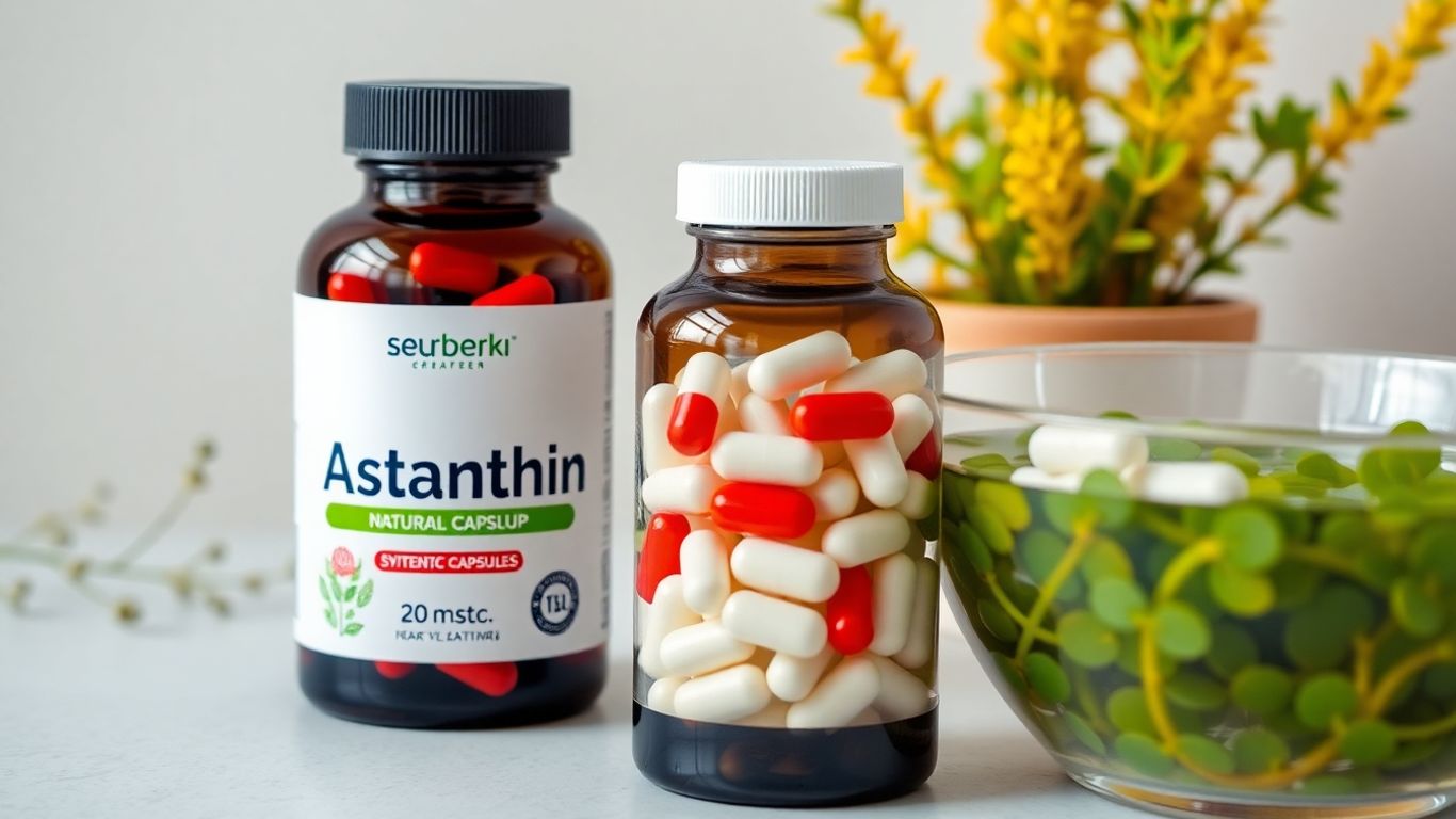 Natural and synthetic astaxanthin supplement bottles side by side