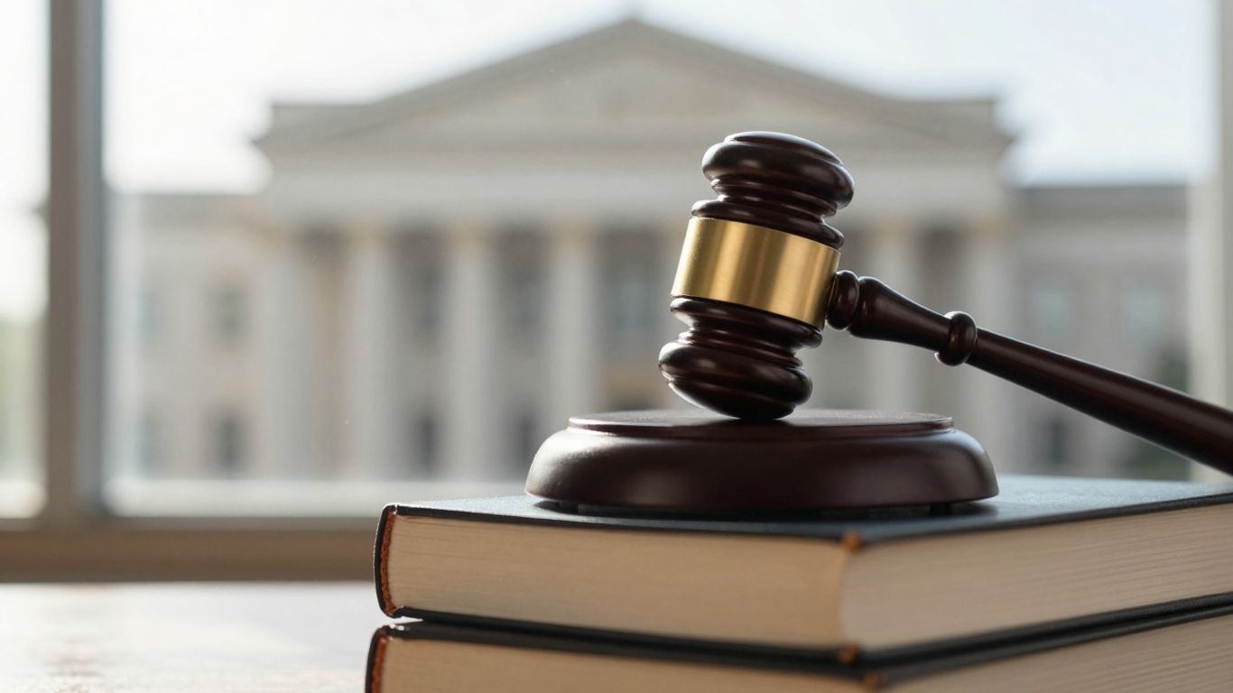 Gavel on books with courthouse background.