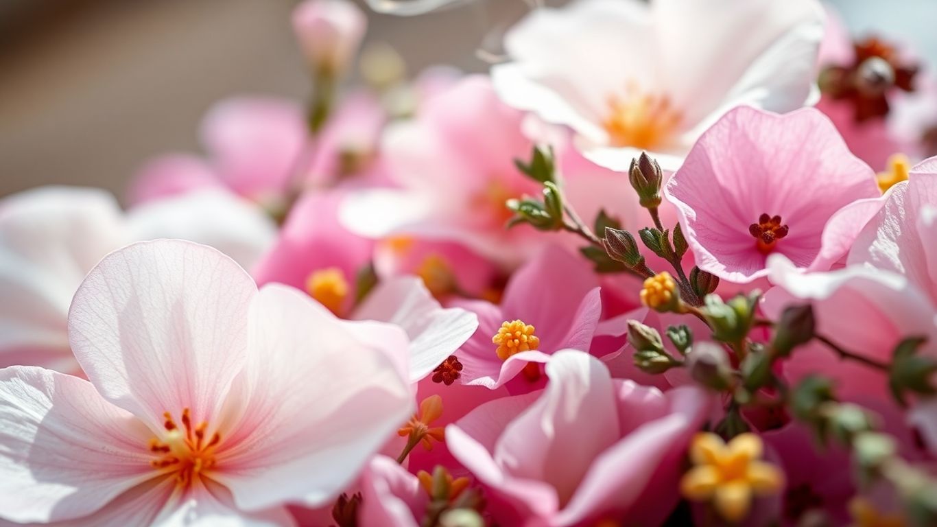 Close-up of flower petals and herbs with rising fragrant vapor.
