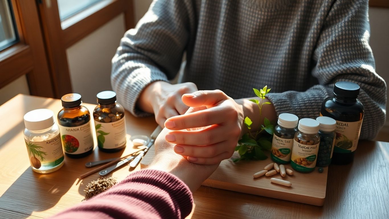 Elderly person holding fingers with herbs and supplements.