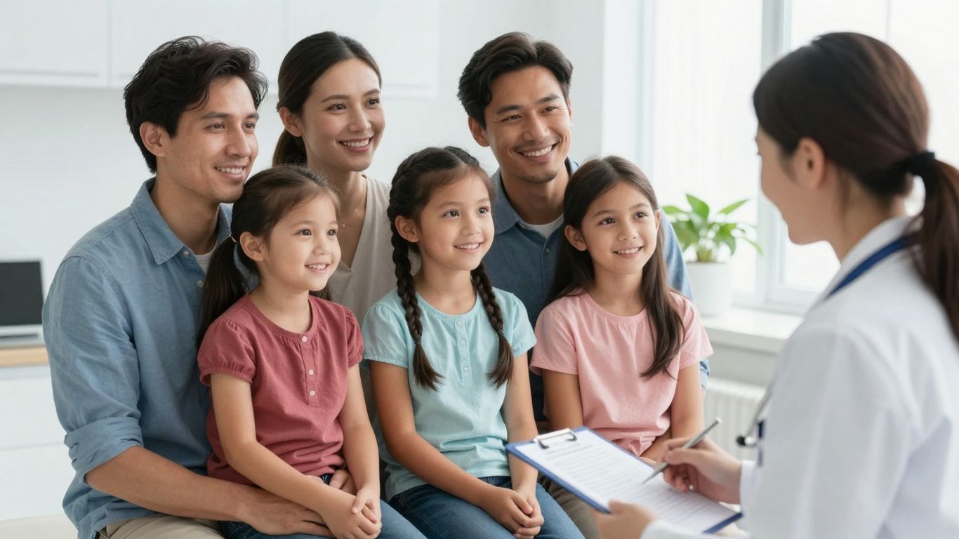 Family smiling together at a doctor's office.