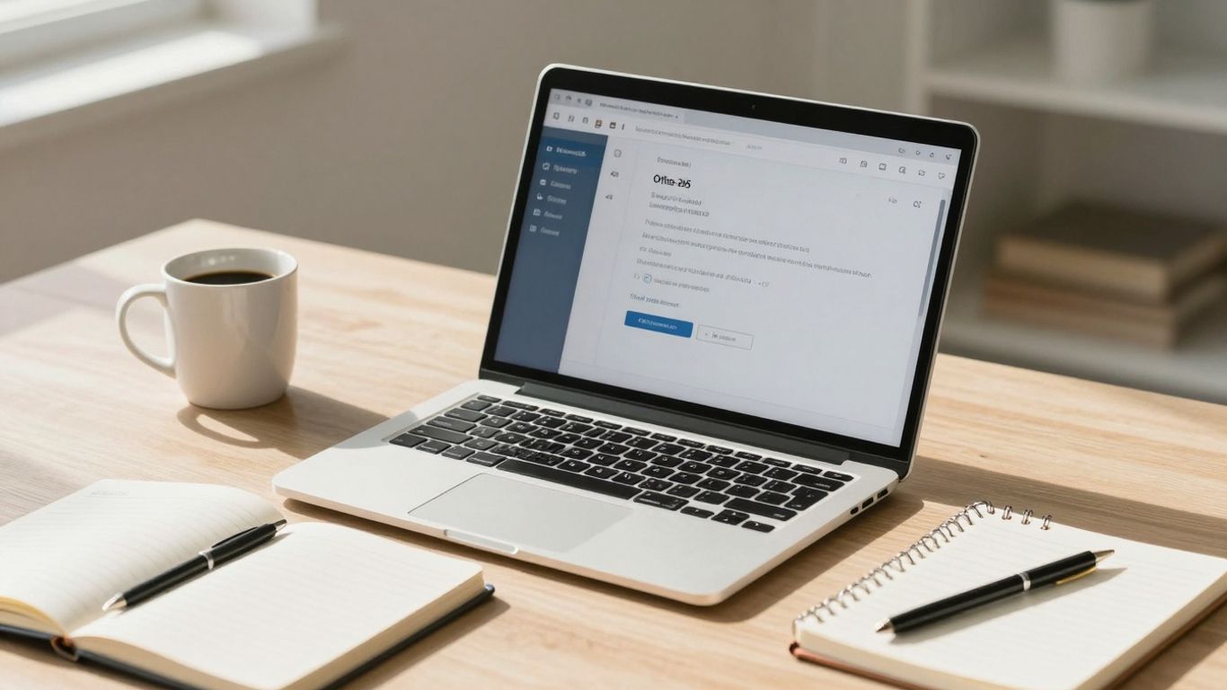 Escritorio con laptop mostrando Office 365.