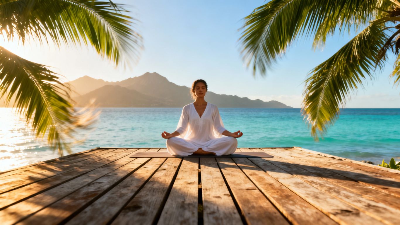 Serene yoga session overlooking a turquoise ocean and palm trees.