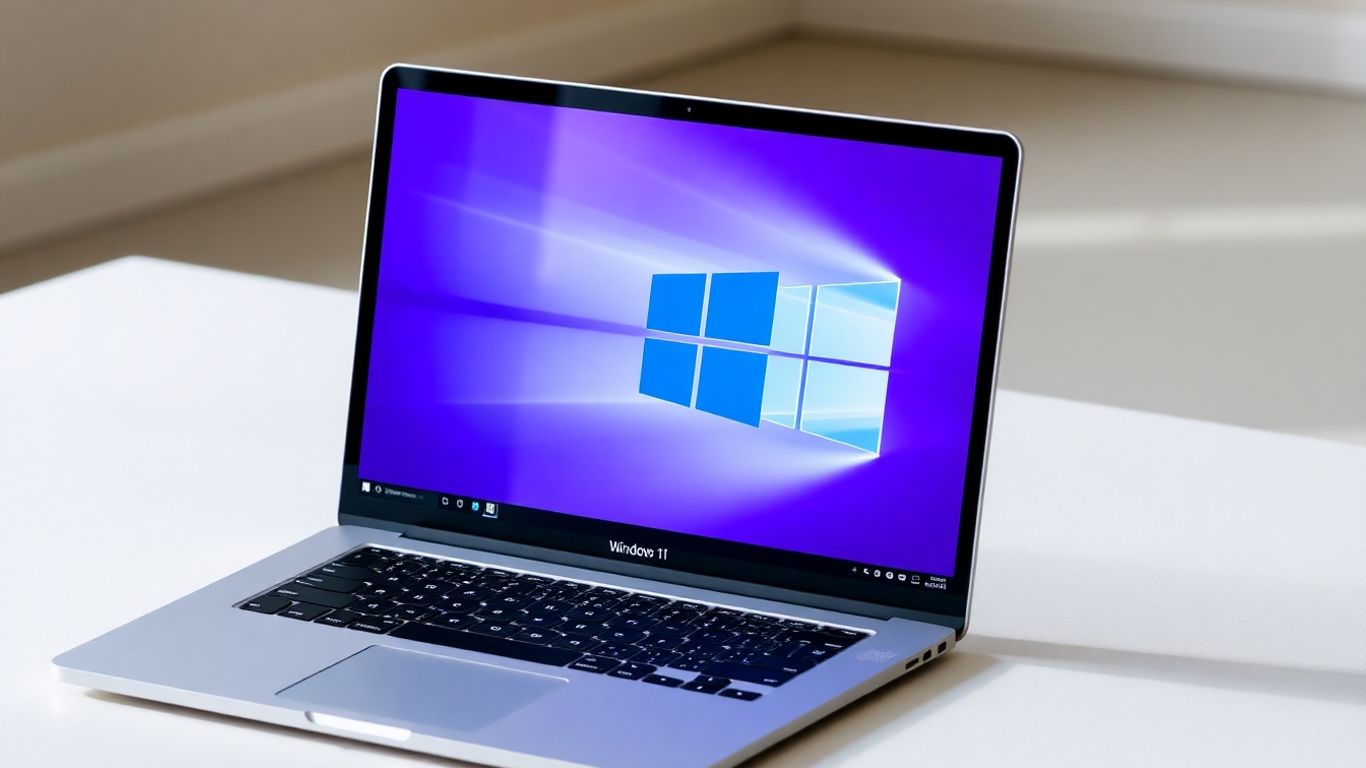 Laptop con logo de Windows 11 en pantalla.