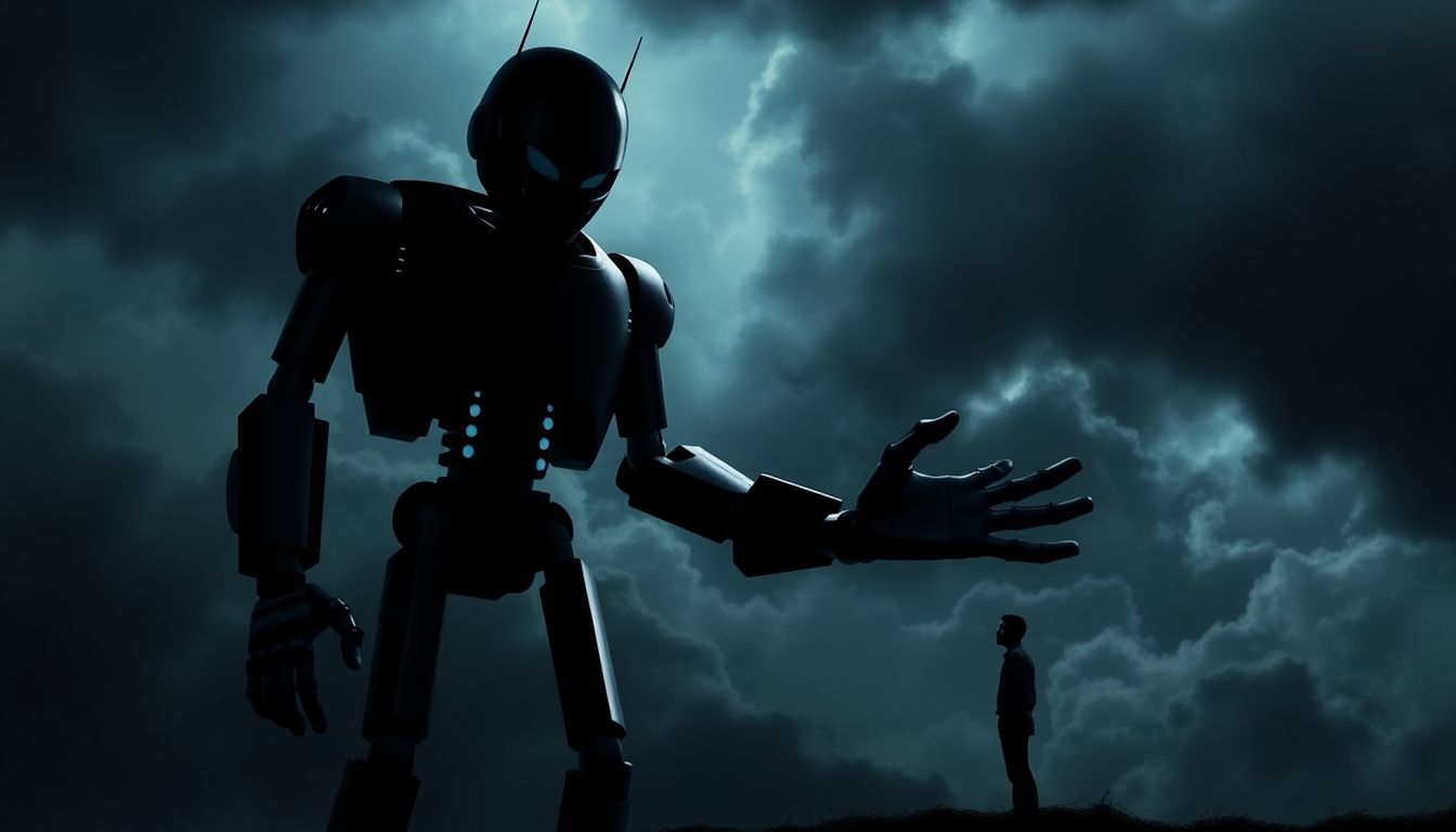 Robot looms over a person, symbolizing AI risk and insurance pullback.