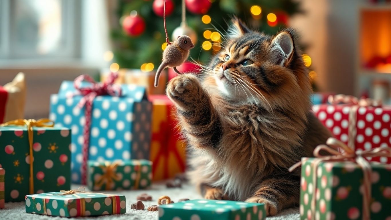 Cat playing with Christmas toys and treats