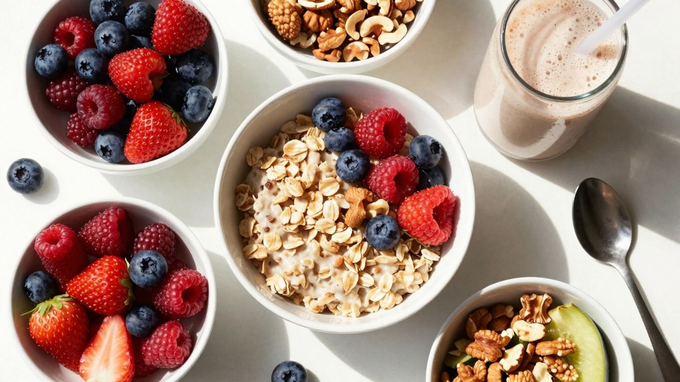 Healthy breakfast spread with berries, oatmeal, and smoothie.