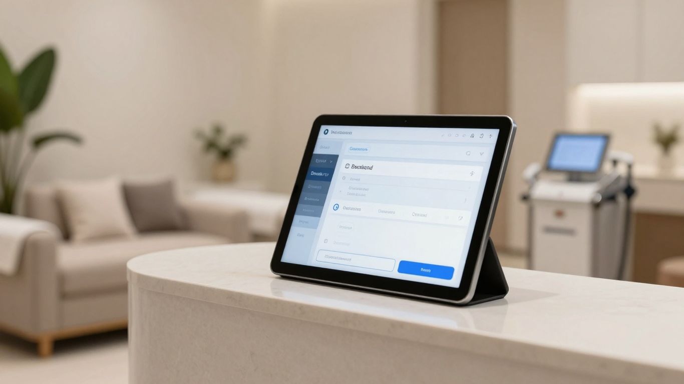 Med spa tablet showing appointment booking system.
