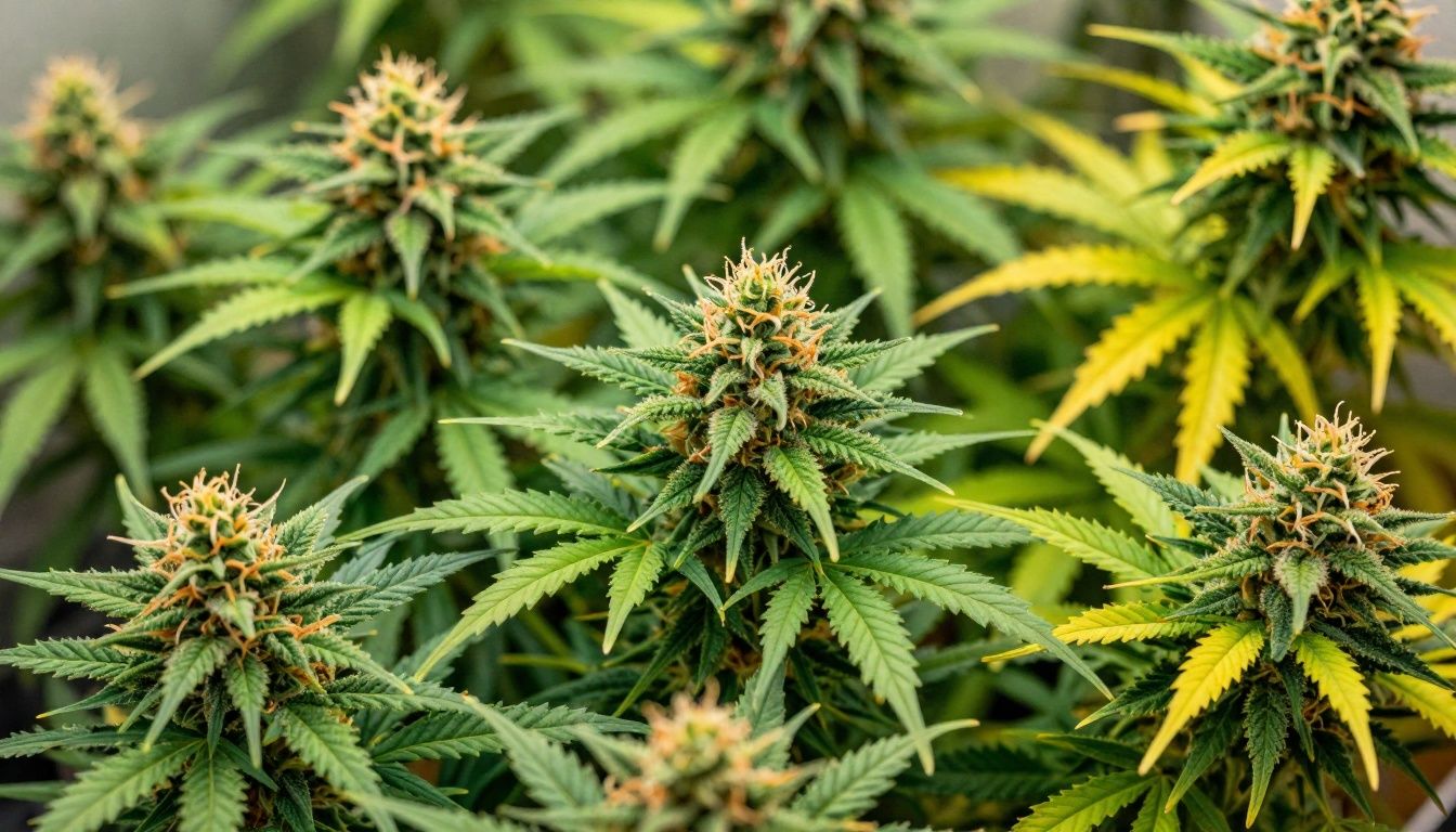 Colorful marijuana plants with lush green leaves and buds.