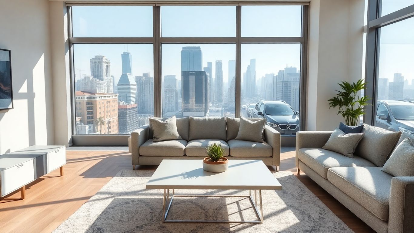 Sala de estar moderna con vistas a la ciudad.