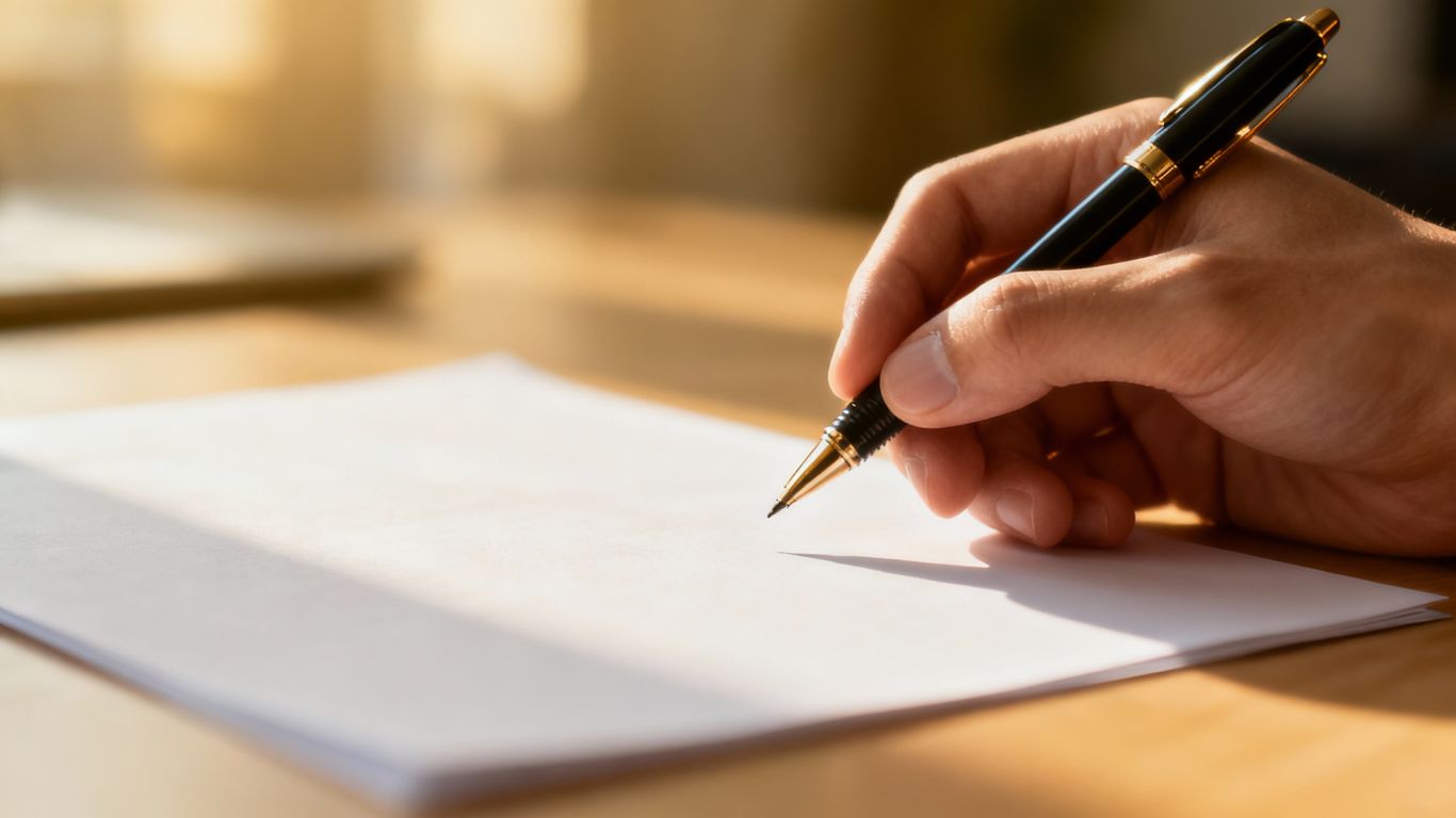 Hand holding a pen over a document.