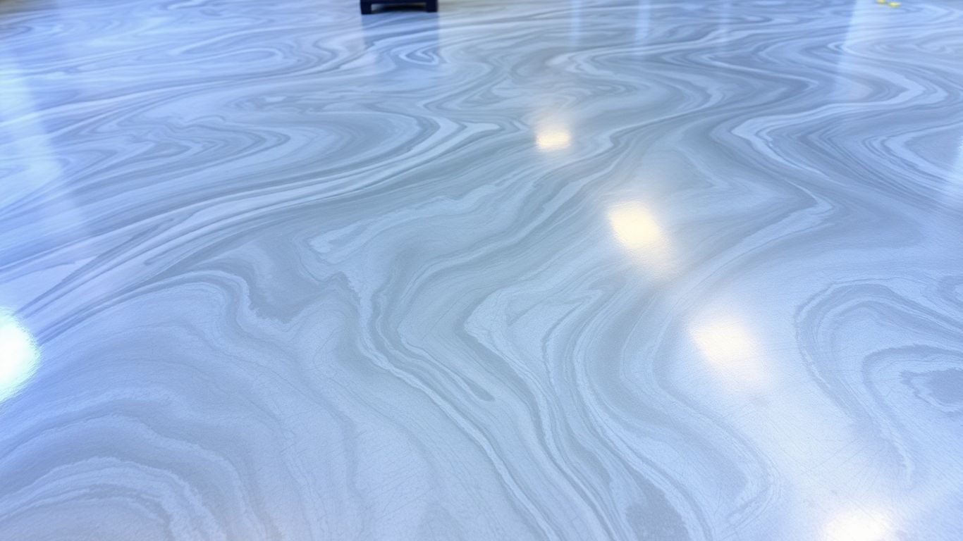 Metallic epoxy floor with silver and blue swirls.