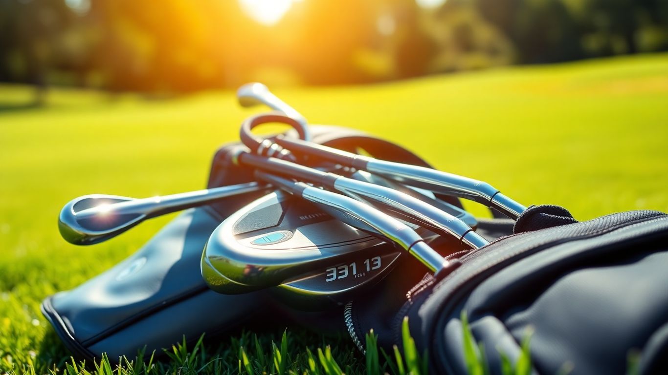New golf set on a green golf course.