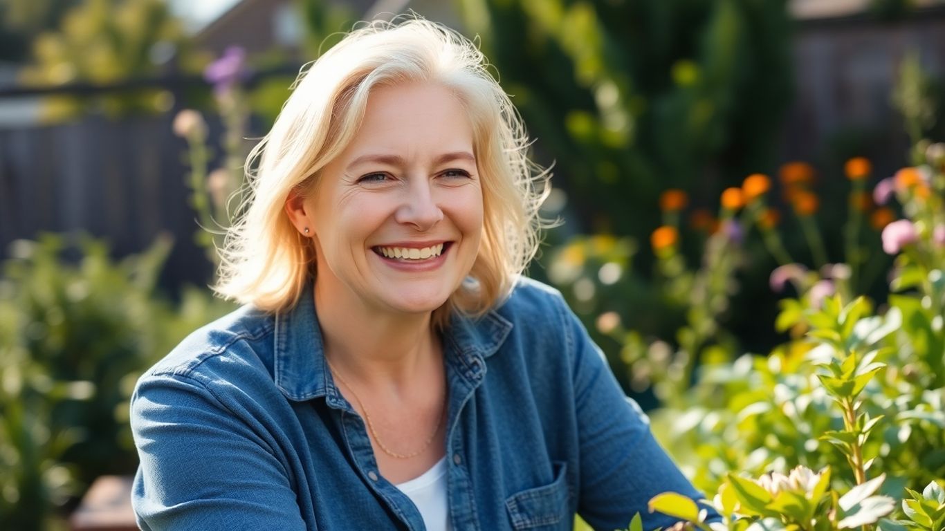 Vibrant woman enjoying a sunny garden during menopause.