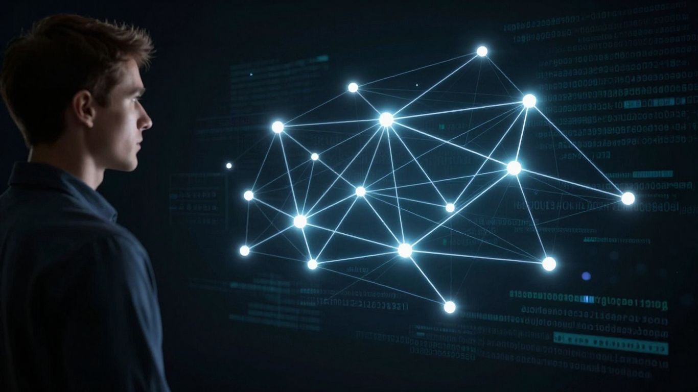 Cybersecurity roadmap with network diagram and glowing connections.