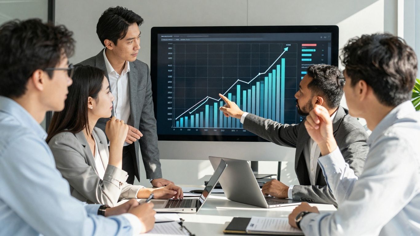 Team discussing media buying for business growth.