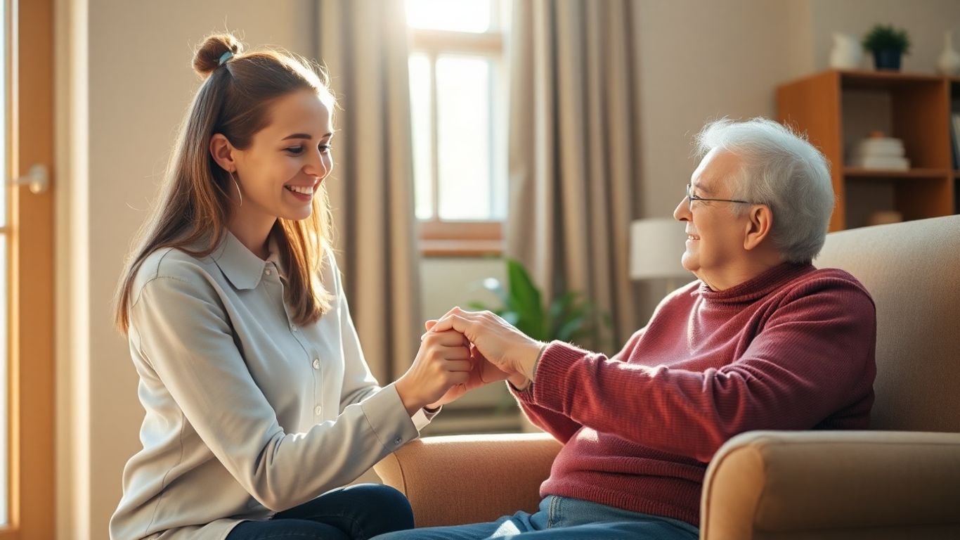 Elderly man and young woman sharing a moment of connection.