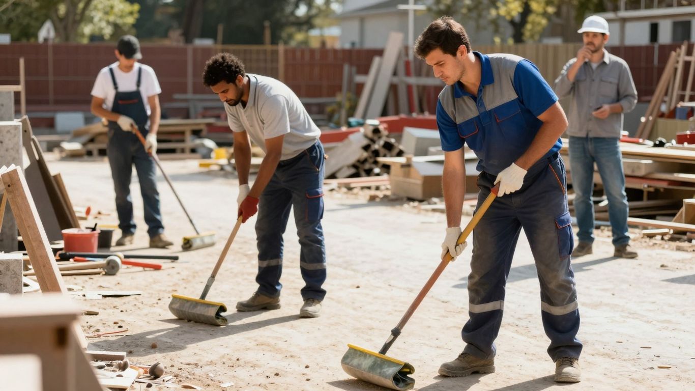 Construction site cleanup crew working efficiently.