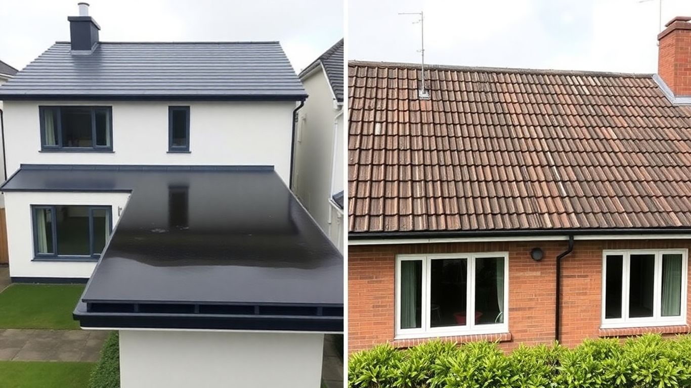 Dublin homes with flat and pitched roofs, one showing water.