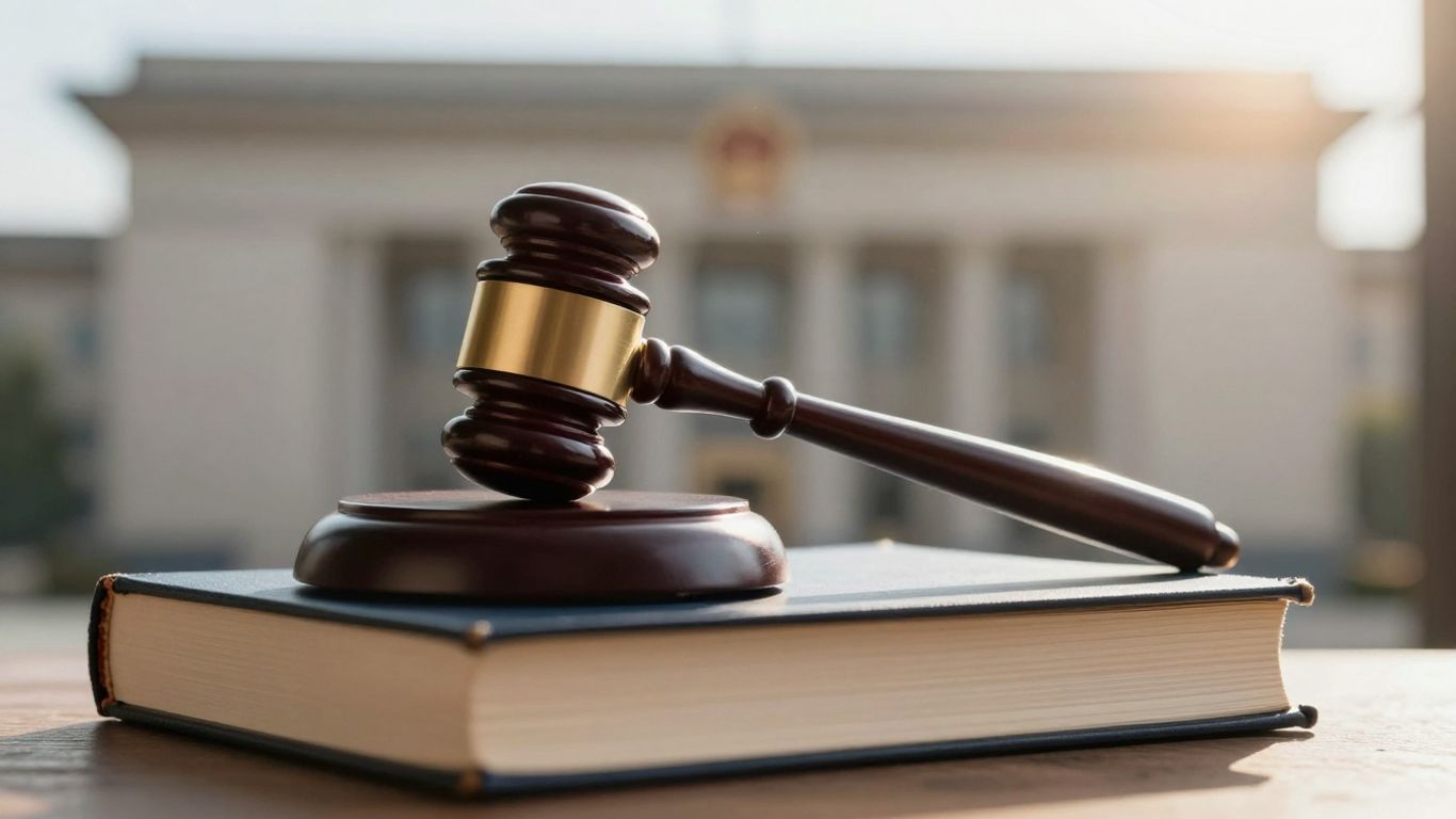 Gavel on legal books near courthouse.