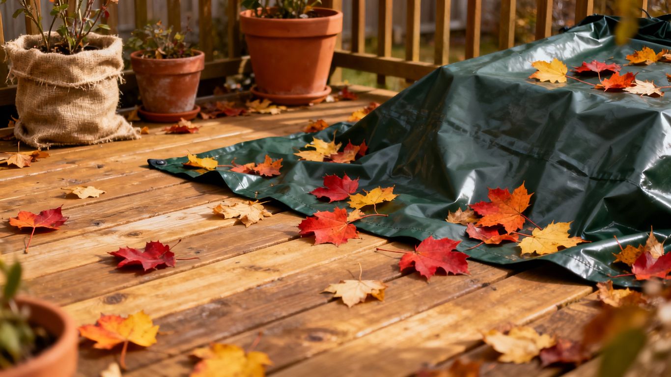 Deck covered for winter with leaves.