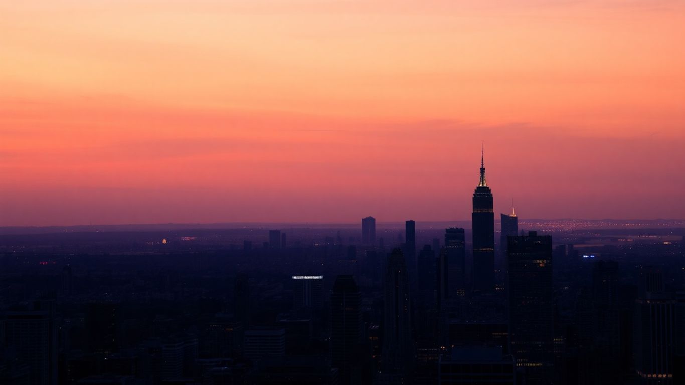 Paysage urbain avec des bâtiments variés et des lumières scintillantes.