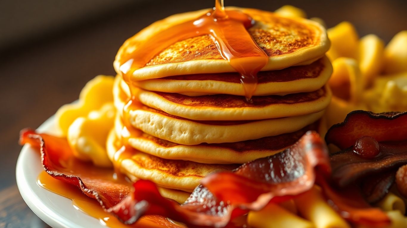 Hearty breakfast platter with pancakes, bacon, and eggs.