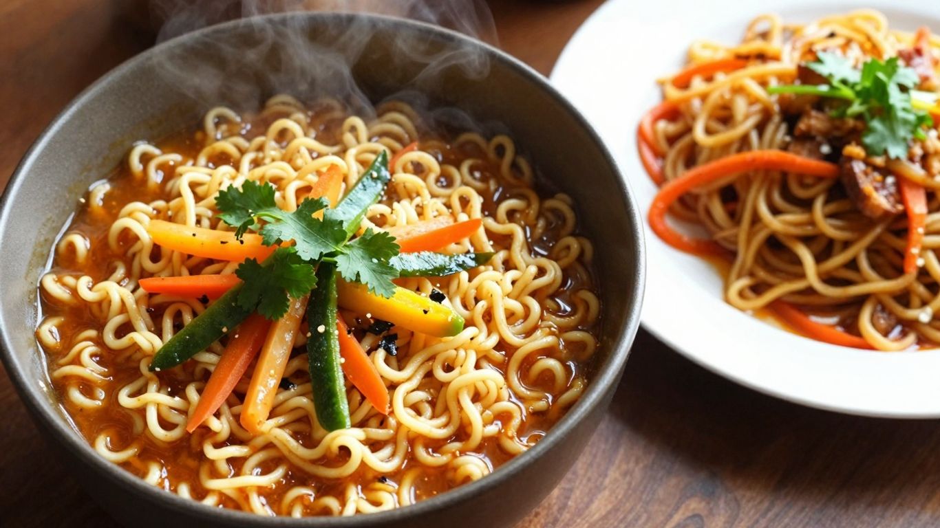 Creative Maggi noodle dishes with fresh garnishes.