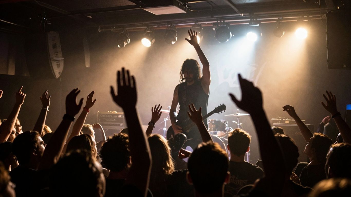 Energetic trap metal concert with performer and crowd.