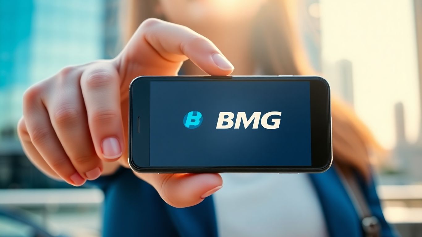 Pessoa sorrindo com celular exibindo logo do Banco Bmg.