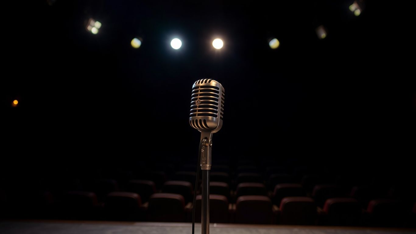 A spotlight on a microphone on a dark stage.