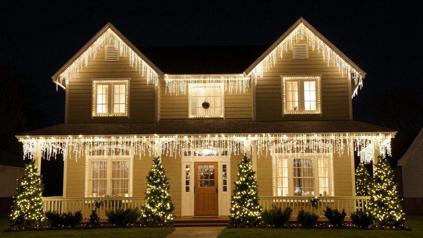 House decorated with professional Christmas lights at night.