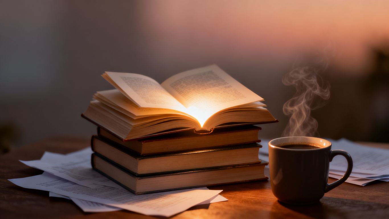 Stack of books with coffee and scattered papers.