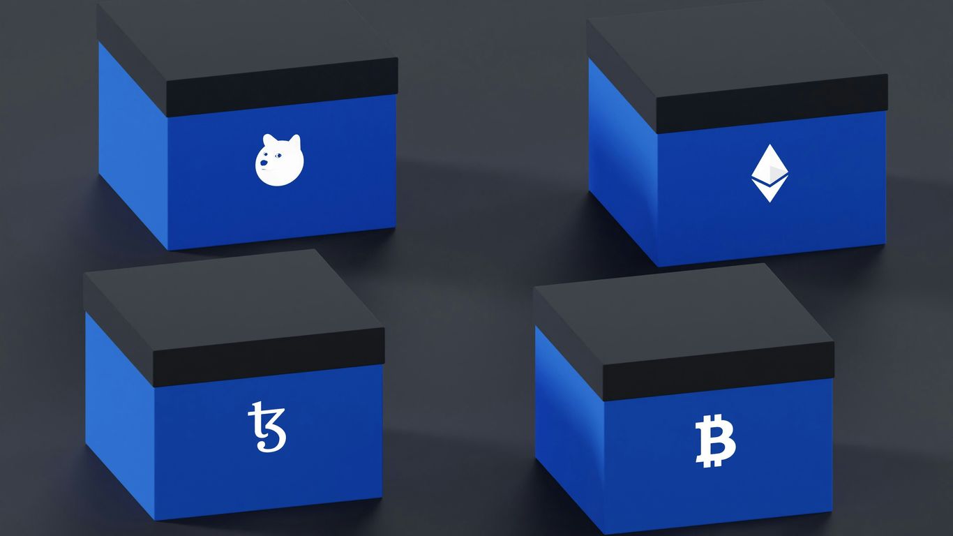 Four blue boxes with logos representing different cryptocurrencies.