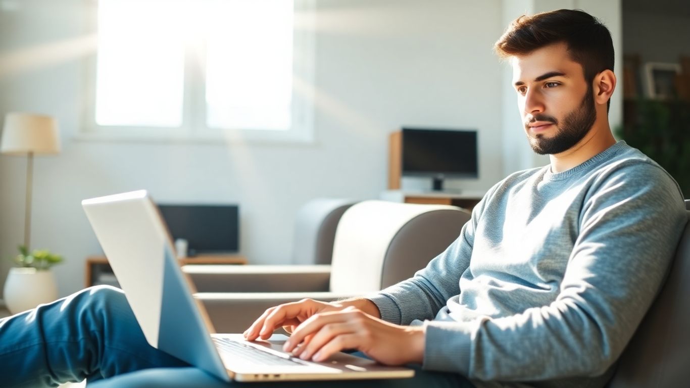 Pessoa estudando em casa com laptop e certificado.