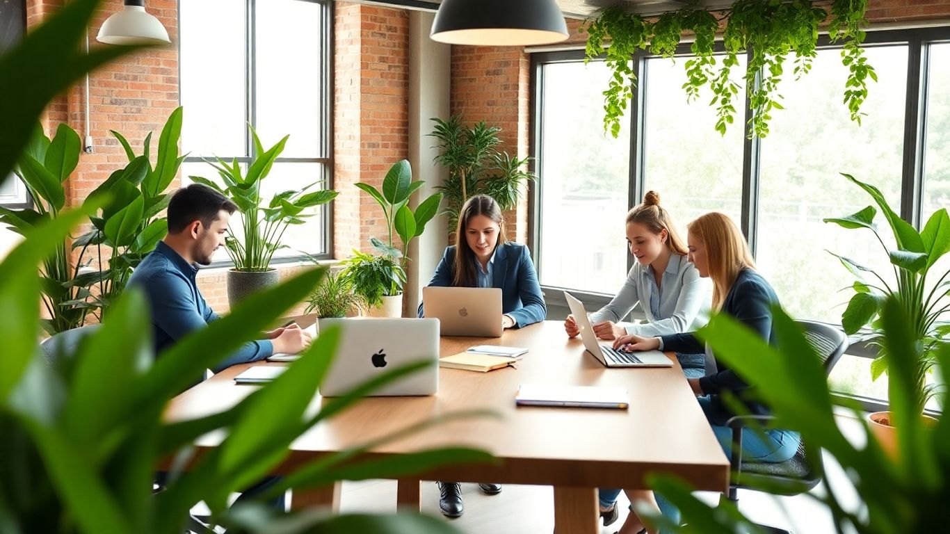 Business team collaborating in a bright office space