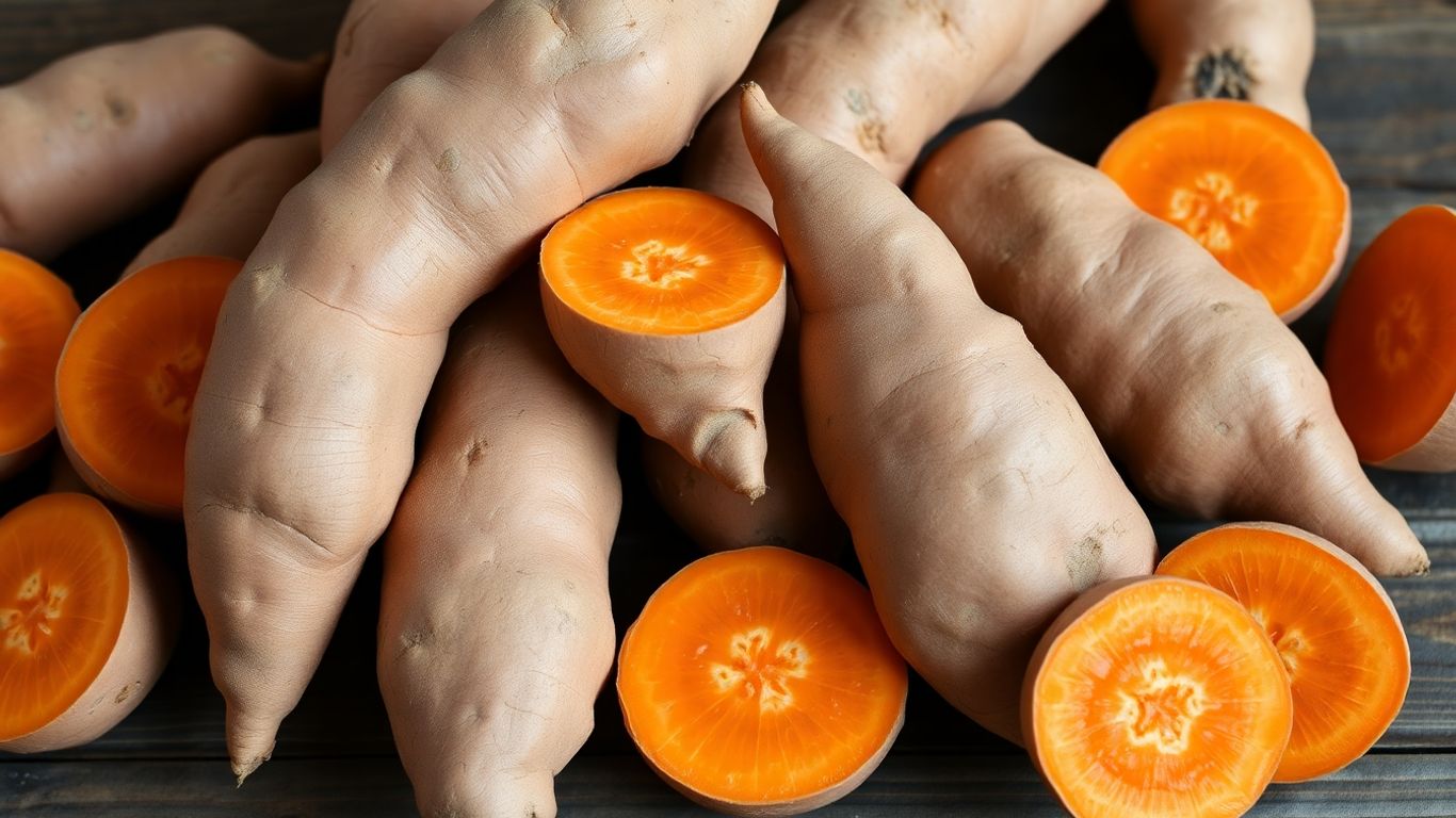 Biologische zoete aardappelen op een houten ondergrond