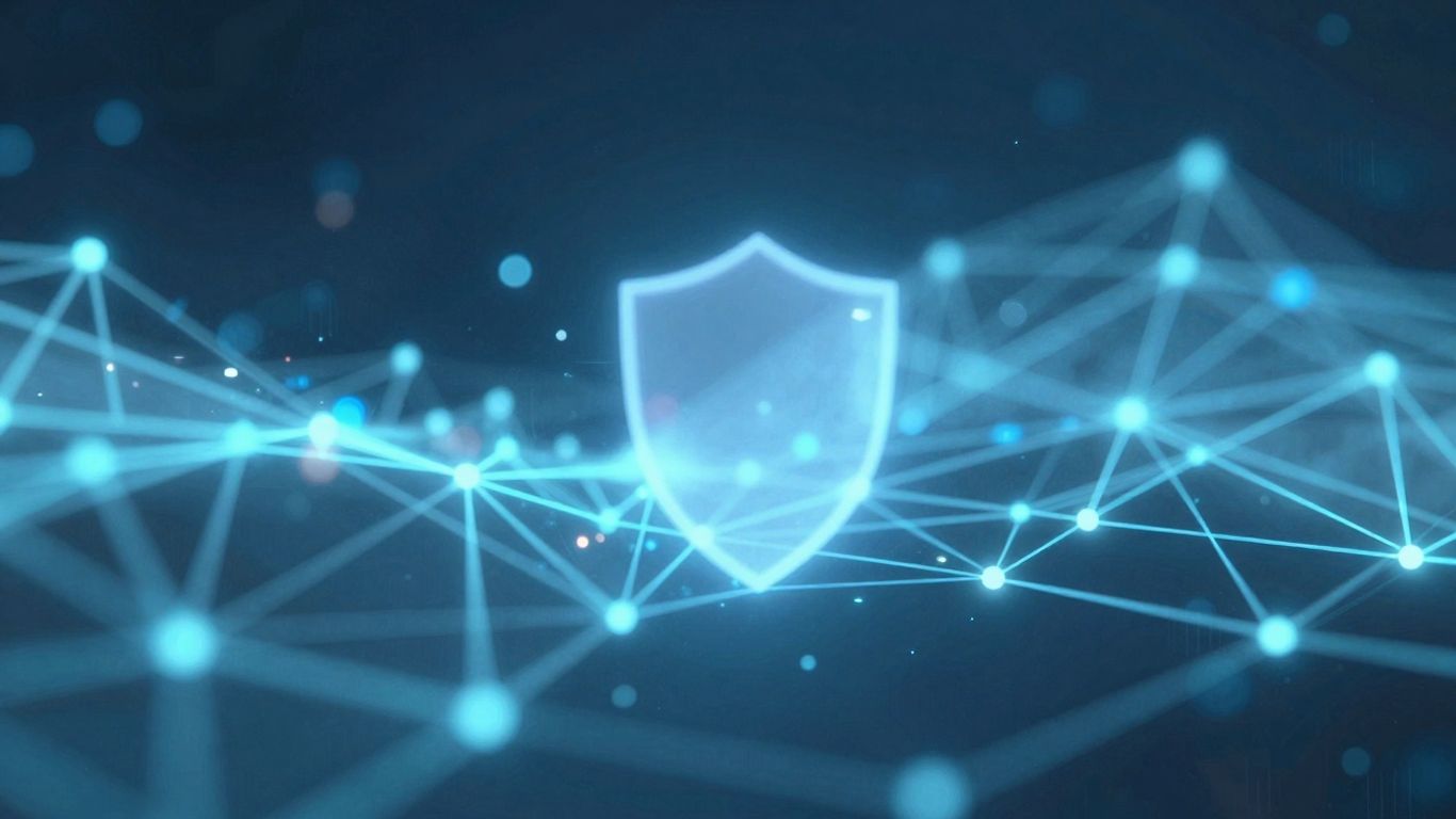 Digital network with glowing lines and shield icon.