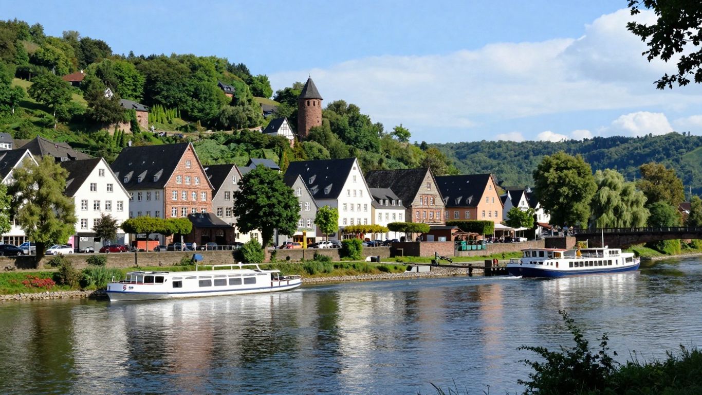 Charmante Stadt an der Ruhr mit historischen Gebäuden und Fluss.