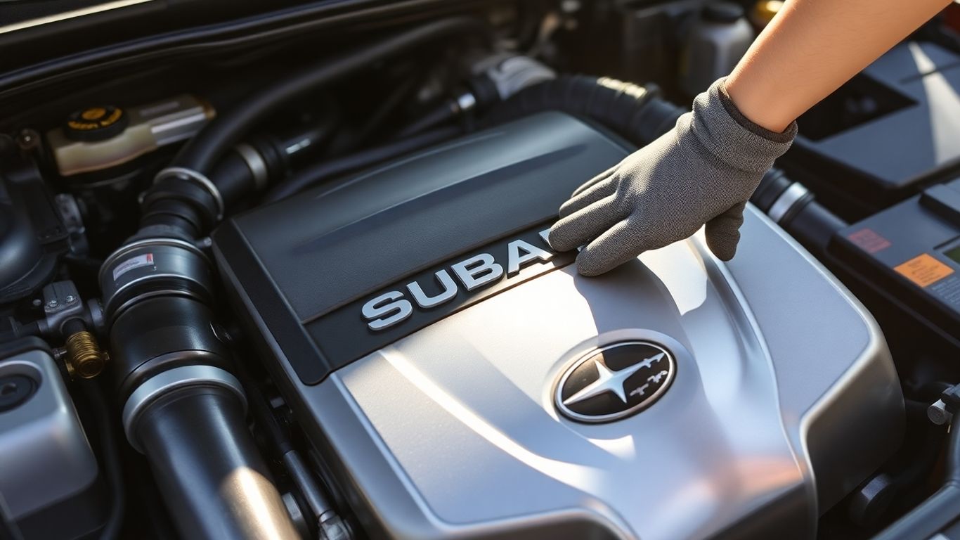 Subaru engine bay with sunlight and mechanic's hand.