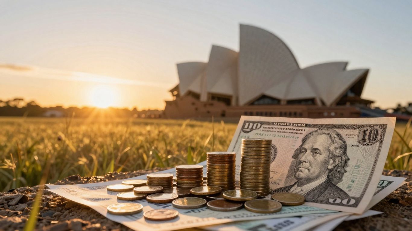 Australian landscape with financial assets and sunrise.