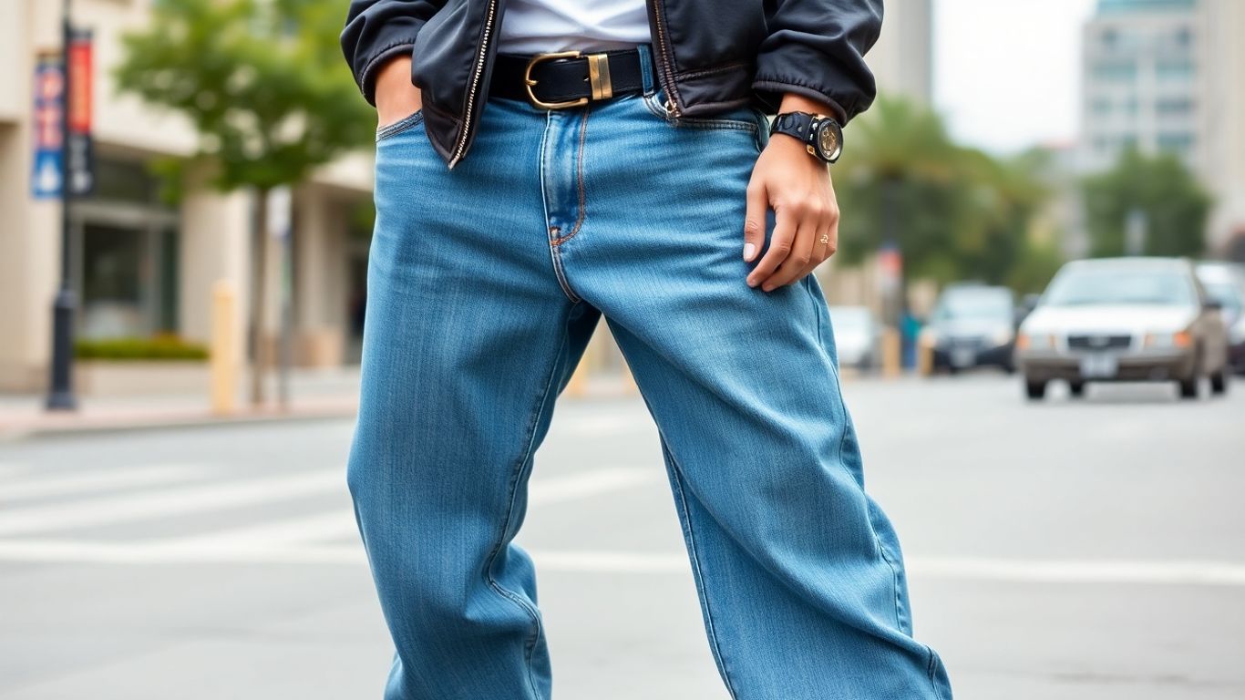 Person wearing baggy jeans and streetwear accessories.
