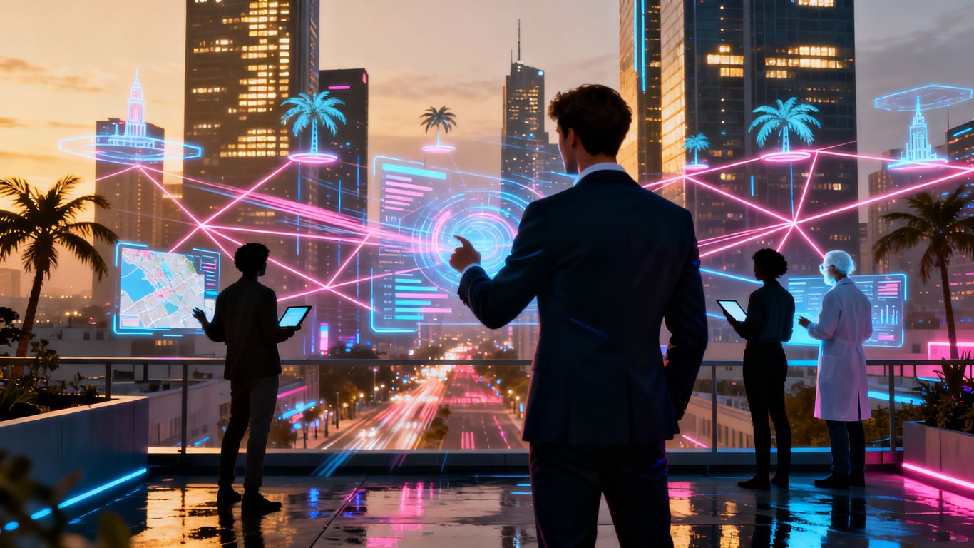 Los Angeles skyline with digital network and professionals.