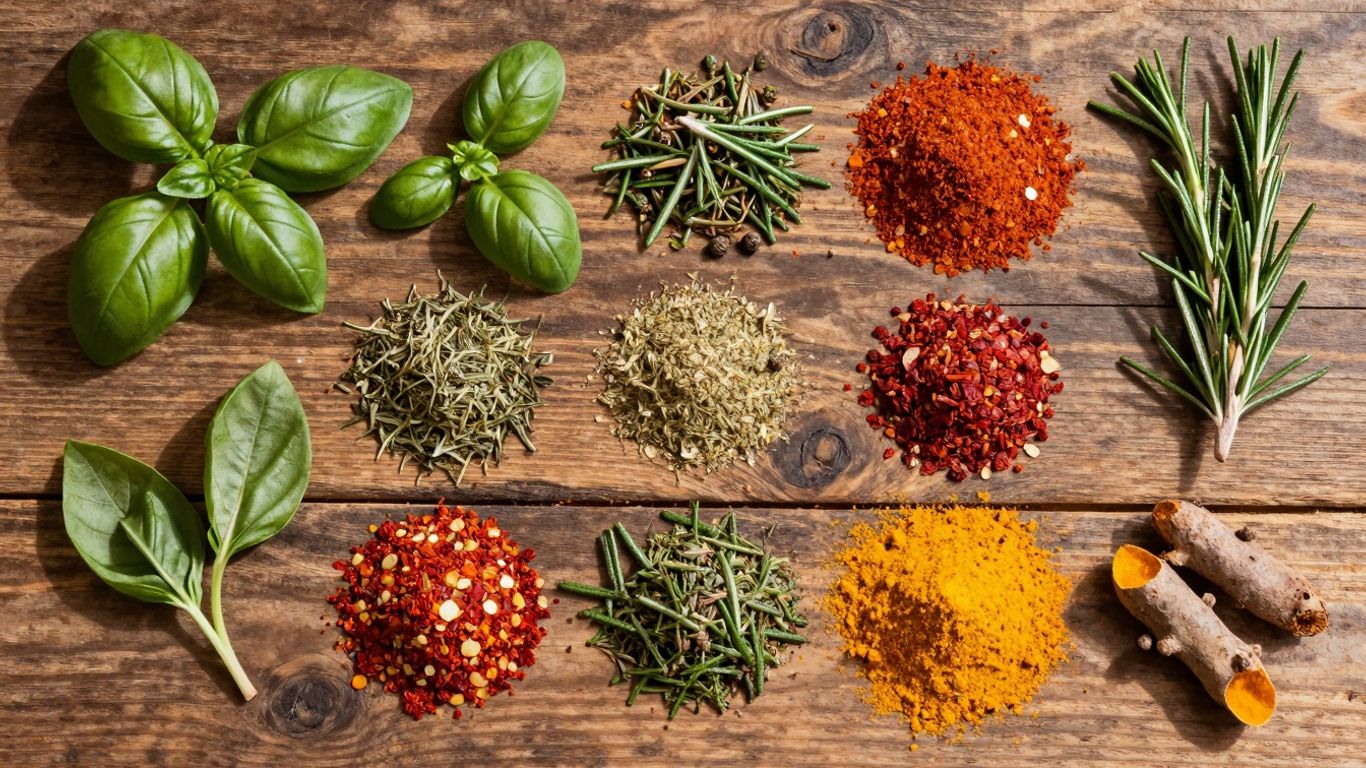 Frische Kräuter und bunte Gewürze auf Holztisch