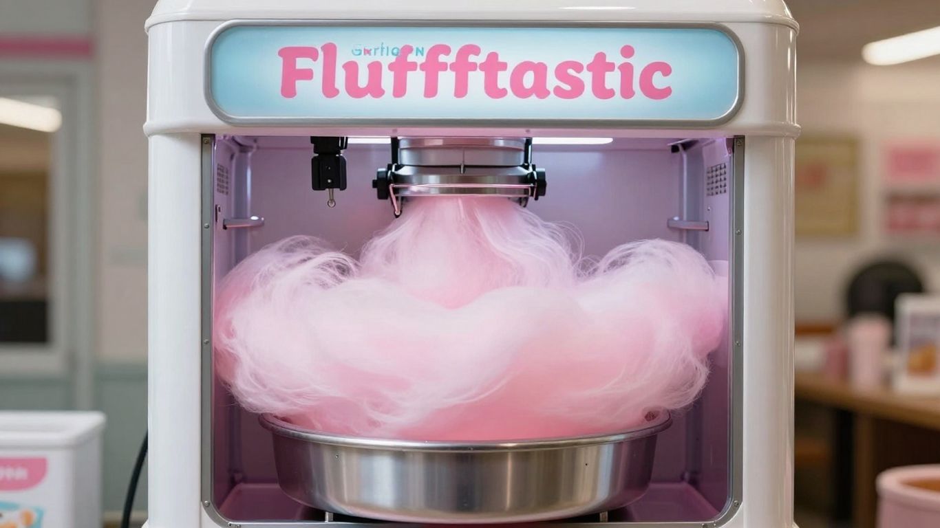 Great Northern Flufftastic cotton candy machine making pink candy floss.