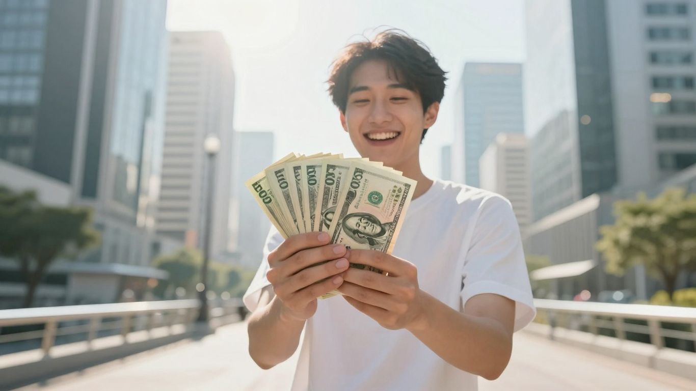 Person holding money with futuristic city background.