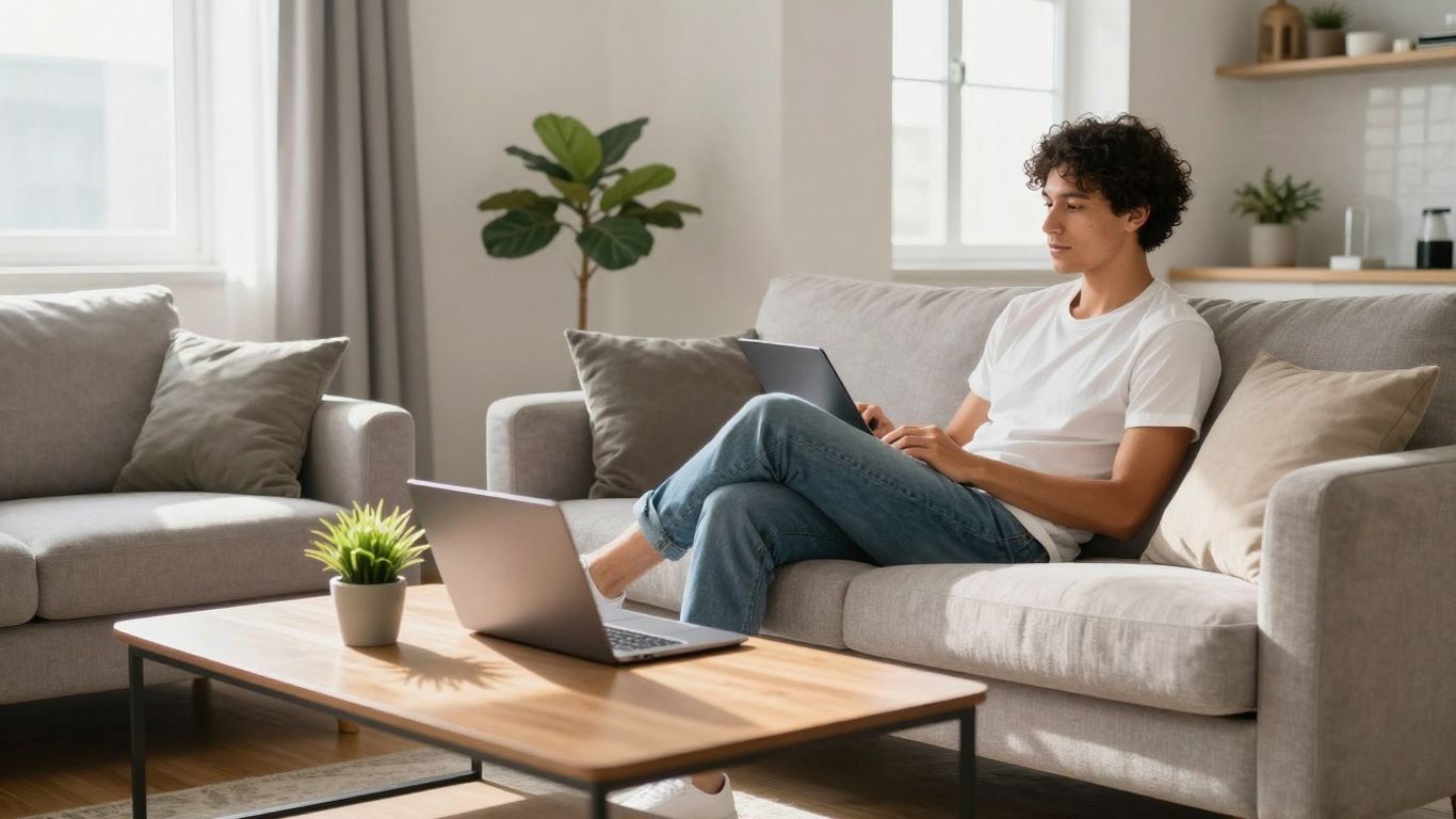Person relaxing in a sunlit apartment, renters insurance concept.