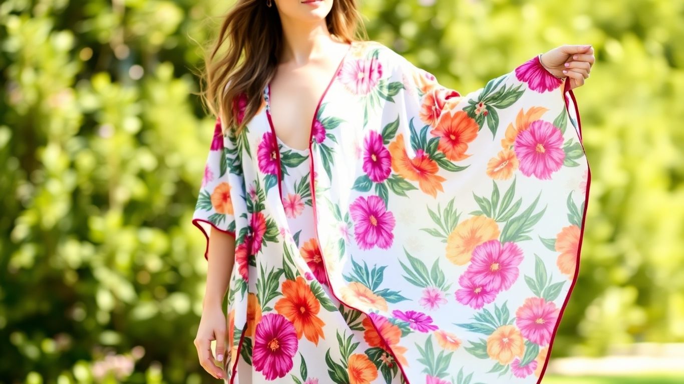 Woman in floral summer kimono dress outdoors