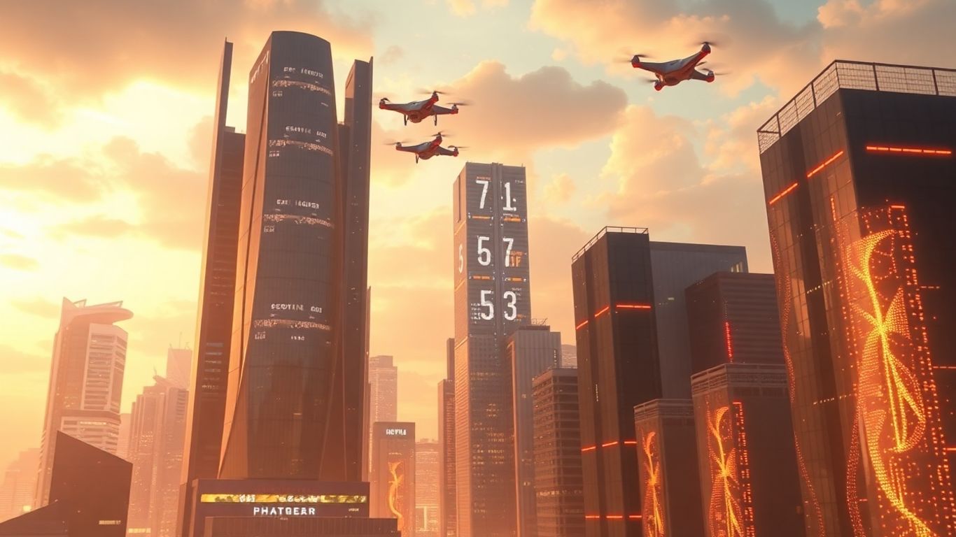 Futuristic cityscape with data streams and drones.
