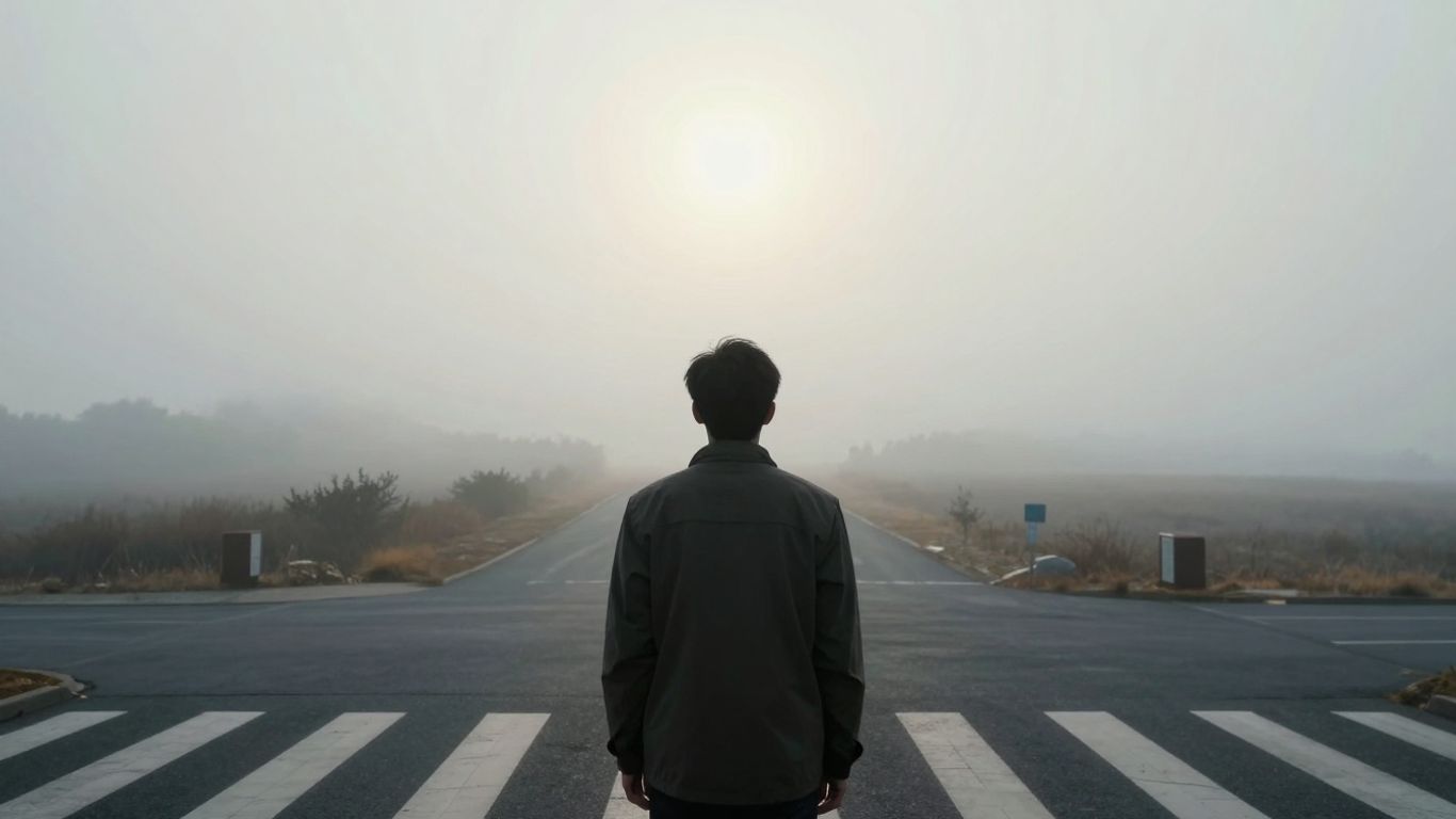 Person at a crossroads looking towards a bright future.